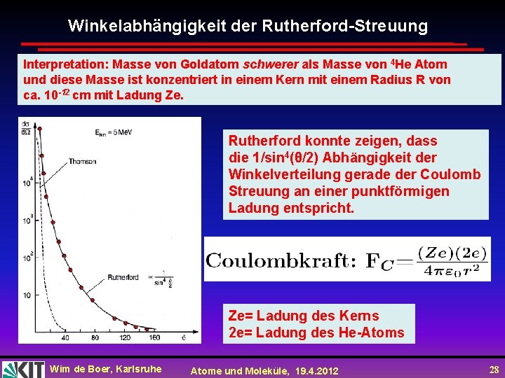 Winkelabhängigkeit der Rutherford-Streuung Interpretation: Masse von Goldatom schwerer als Masse von 4 He Atom