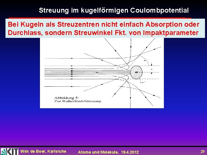 Streuung im kugelförmigen Coulombpotential Bei Kugeln als Streuzentren nicht einfach Absorption oder Durchlass, sondern