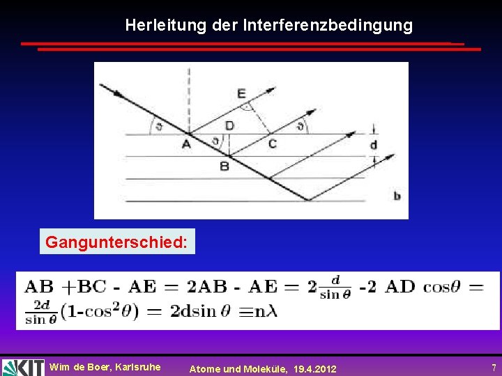 Herleitung der Interferenzbedingung Gangunterschied: Wim de Boer, Karlsruhe Atome und Moleküle, 19. 4. 2012