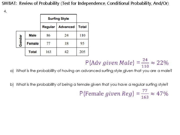 SWBAT: Review of Probability (Test for Independence, Conditional Probability, And/Or) 