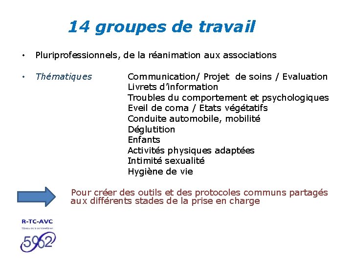 14 groupes de travail • Pluriprofessionnels, de la réanimation aux associations • Thématiques Communication/