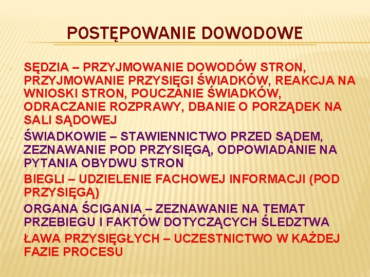 POSTĘPOWANIE DOWODOWE - - - SĘDZIA – PRZYJMOWANIE DOWODÓW STRON, PRZYJMOWANIE PRZYSIĘGI ŚWIADKÓW, REAKCJA