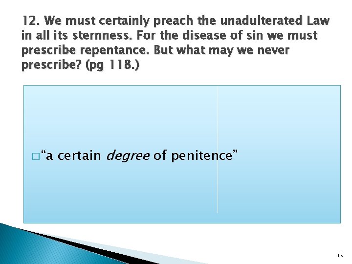 12. We must certainly preach the unadulterated Law in all its sternness. For the