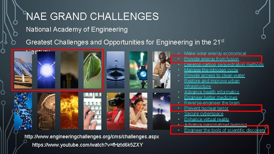 NAE GRAND CHALLENGES National Academy of Engineering Greatest Challenges and Opportunities for Engineering in