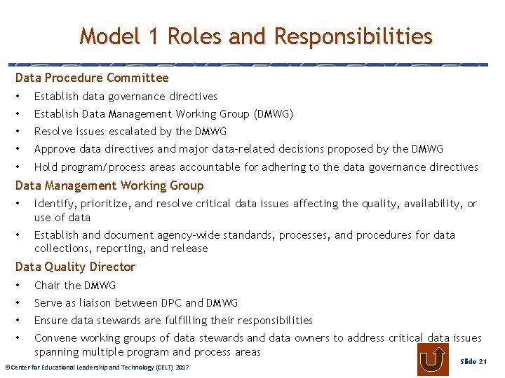 Model 1 Roles and Responsibilities Data Procedure Committee • Establish data governance directives •