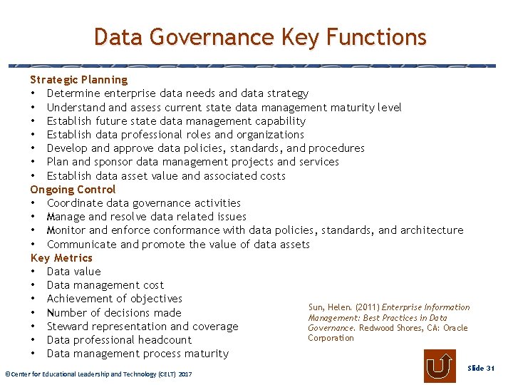 Data Governance Key Functions Strategic Planning • Determine enterprise data needs and data strategy