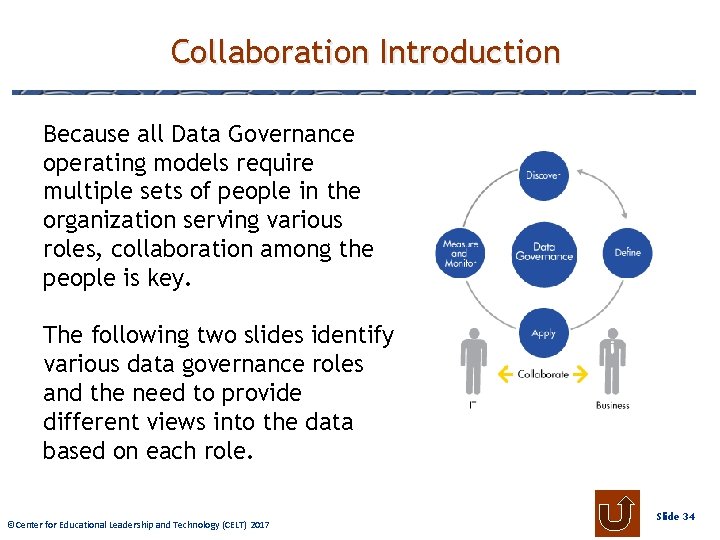 Collaboration Introduction Because all Data Governance operating models require multiple sets of people in