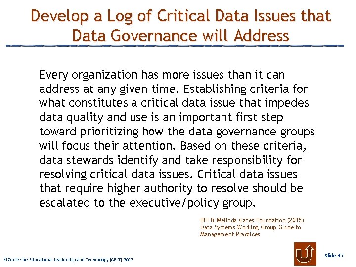 Develop a Log of Critical Data Issues that Data Governance will Address Every organization