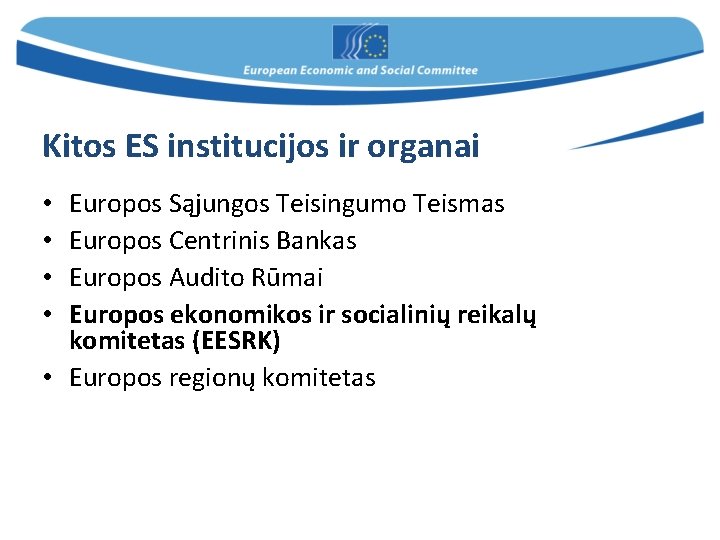 Kitos ES institucijos ir organai Europos Sąjungos Teisingumo Teismas Europos Centrinis Bankas Europos Audito