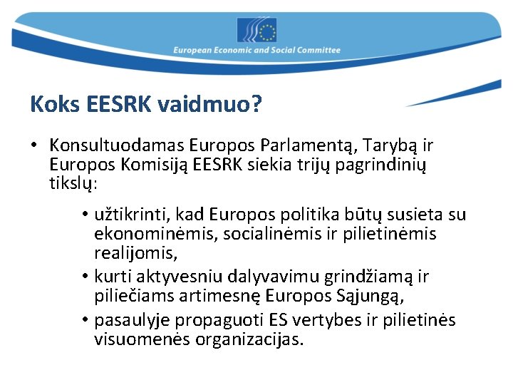 Koks EESRK vaidmuo? • Konsultuodamas Europos Parlamentą, Tarybą ir Europos Komisiją EESRK siekia trijų