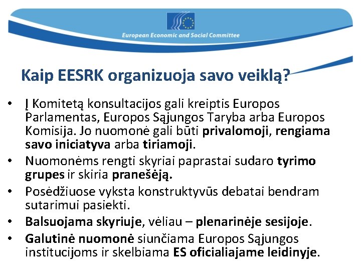 Kaip EESRK organizuoja savo veiklą? • Į Komitetą konsultacijos gali kreiptis Europos Parlamentas, Europos