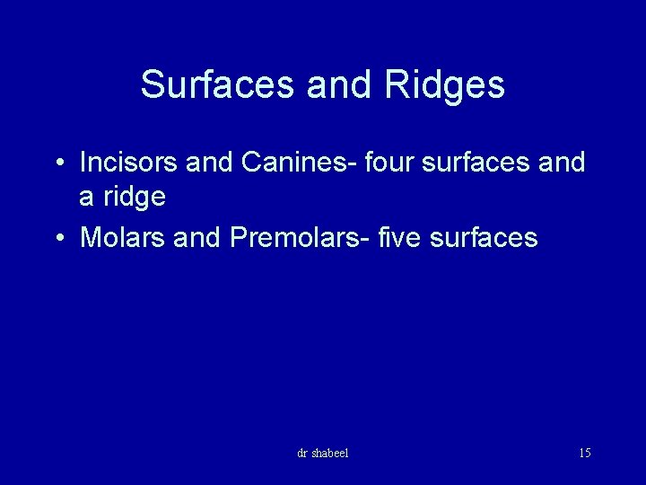 Surfaces and Ridges • Incisors and Canines- four surfaces and a ridge • Molars
