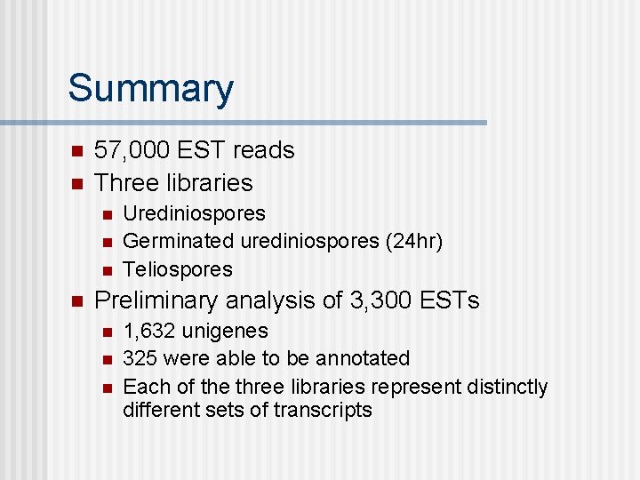 Summary n n 57, 000 EST reads Three libraries n n Urediniospores Germinated urediniospores