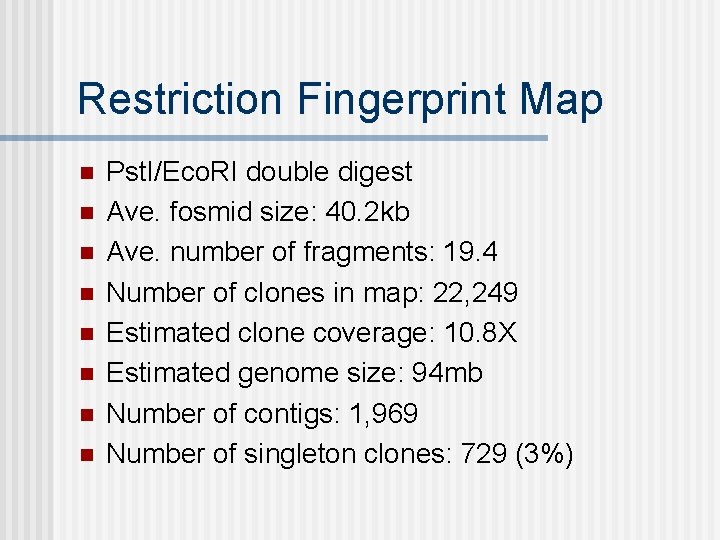 Restriction Fingerprint Map n n n n Pst. I/Eco. RI double digest Ave. fosmid