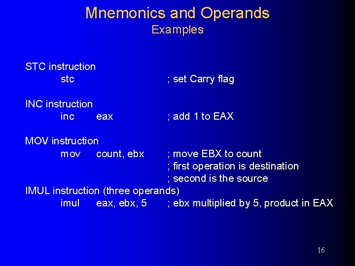 Mnemonics and Operands Examples STC instruction stc ; set Carry flag INC instruction inc