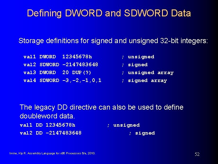 Defining DWORD and SDWORD Data Storage definitions for signed and unsigned 32 -bit integers: