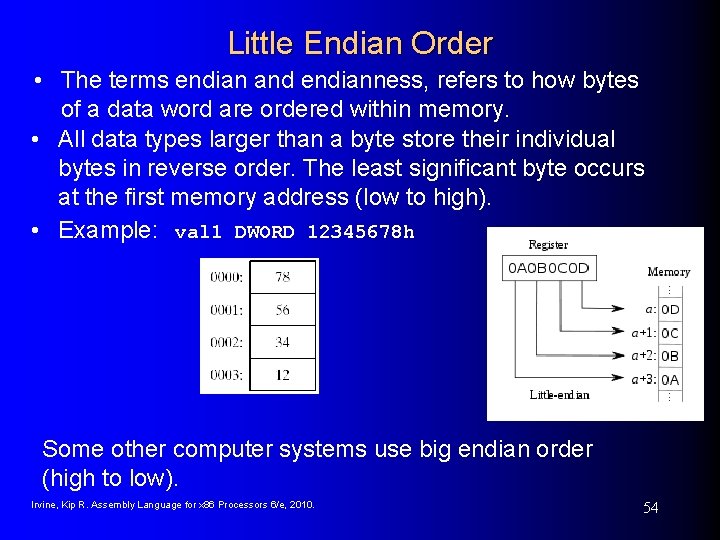 Little Endian Order • The terms endian and endianness, refers to how bytes of