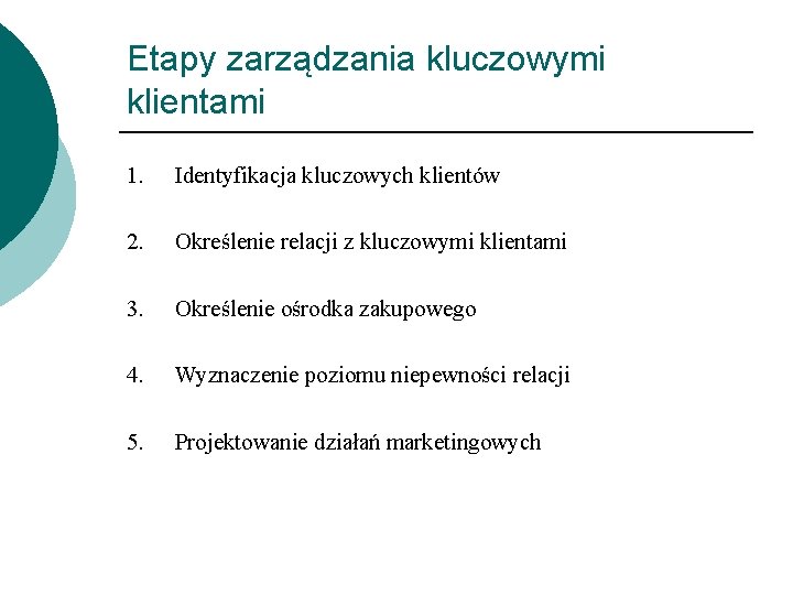 Etapy zarządzania kluczowymi klientami 1. Identyfikacja kluczowych klientów 2. Określenie relacji z kluczowymi klientami