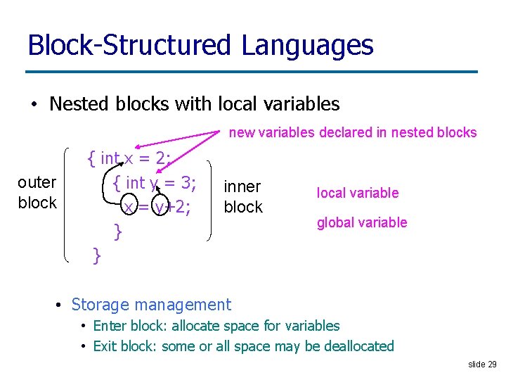 Block-Structured Languages • Nested blocks with local variables new variables declared in nested blocks