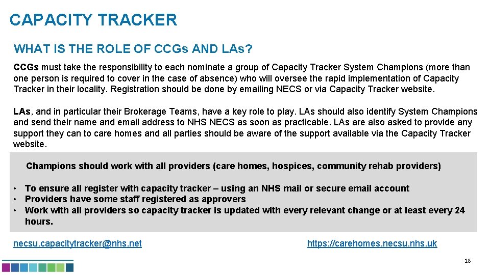 CAPACITY TRACKER WHAT IS THE ROLE OF CCGs AND LAs? CCGs must take the