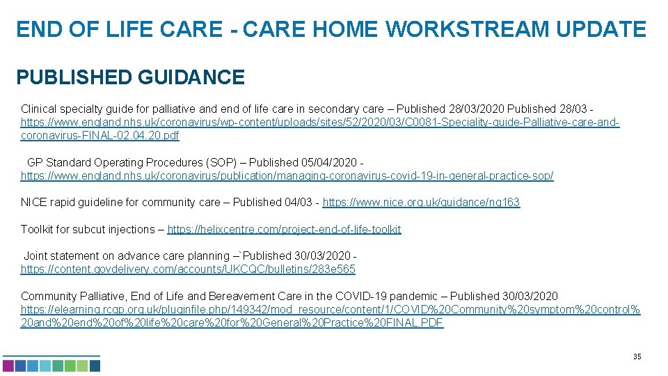 END OF LIFE CARE - CARE HOME WORKSTREAM UPDATE PUBLISHED GUIDANCE Clinical specialty guide