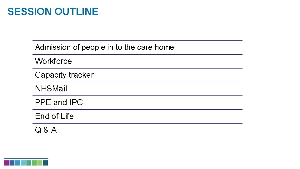 SESSION OUTLINE Admission of people in to the care home Workforce Capacity tracker NHSMail