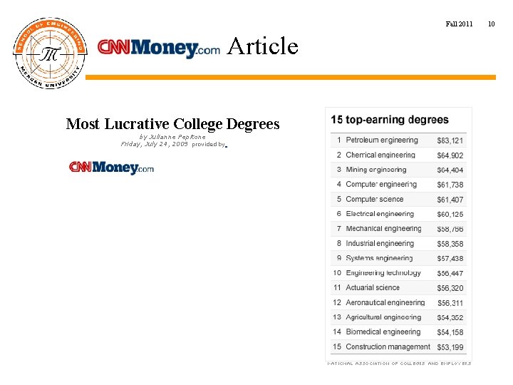 Fall 2011 Article Most Lucrative College Degrees by Julianne Pepitone Friday, July 24, 2009