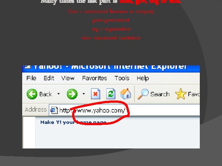 Many times the last part is com, gov, org or edu. Com = commercial