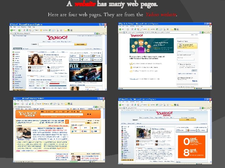 A website has many web pages. Here are four web pages. They are from