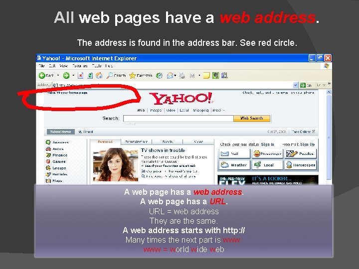 All web pages have a web address. The address is found in the address