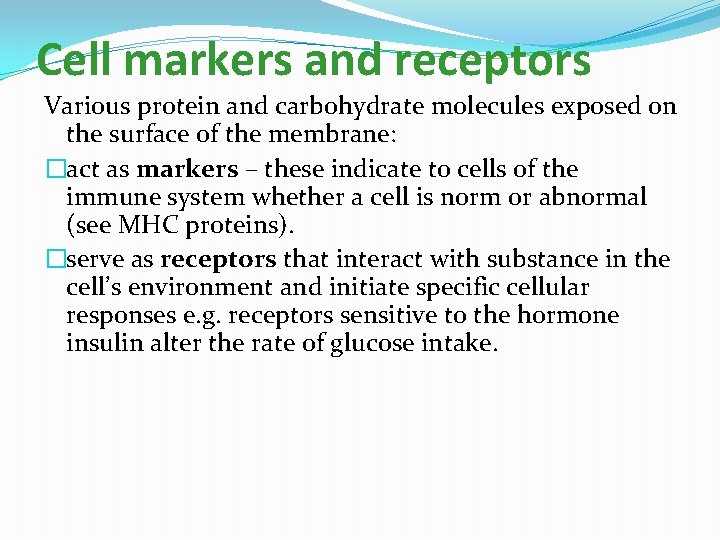 Cell markers and receptors Various protein and carbohydrate molecules exposed on the surface of