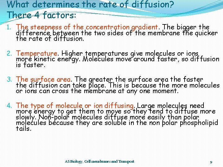 What determines the rate of diffusion? There 4 factors: 1. The steepness of the