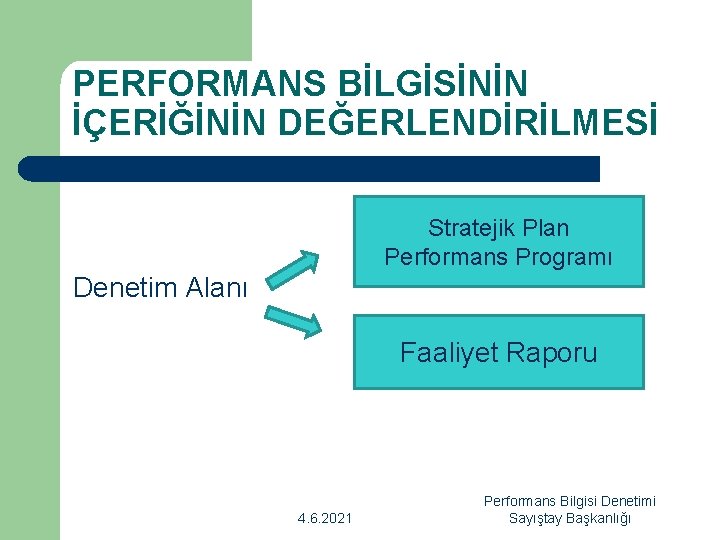 PERFORMANS BİLGİSİNİN İÇERİĞİNİN DEĞERLENDİRİLMESİ Stratejik Plan Performans Programı Denetim Alanı Faaliyet Raporu 4. 6.