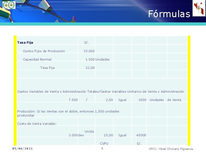Fórmulas Tasa Fija S/. Costos Fijos de Producción 33. 000 Capacidad Normal 1. 500