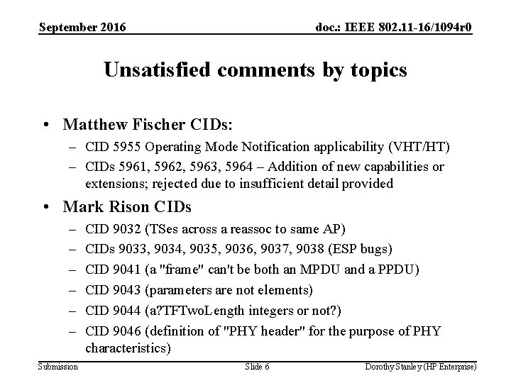 September 2016 doc. : IEEE 802. 11 -16/1094 r 0 Unsatisfied comments by topics