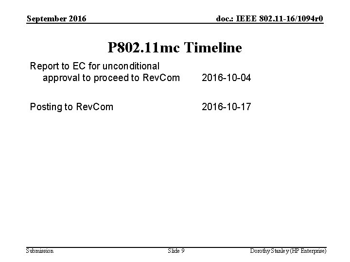 September 2016 doc. : IEEE 802. 11 -16/1094 r 0 P 802. 11 mc