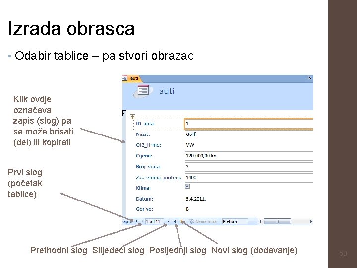 Izrada obrasca • Odabir tablice – pa stvori obrazac Klik ovdje označava zapis (slog)