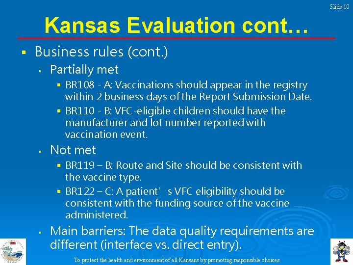 Slide 10 Kansas Evaluation cont… § Business rules (cont. ) § Partially met §