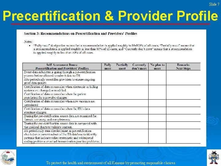 Slide 7 Precertification & Provider Profile To protect the health and environment of all