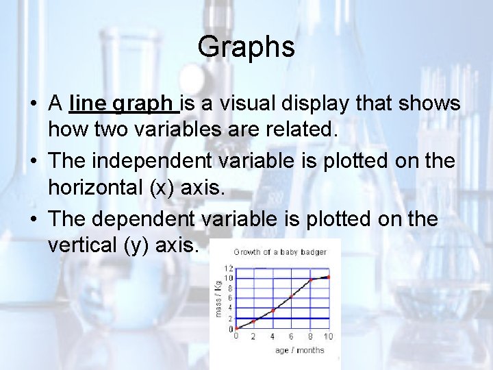 Graphs • A line graph is a visual display that shows how two variables