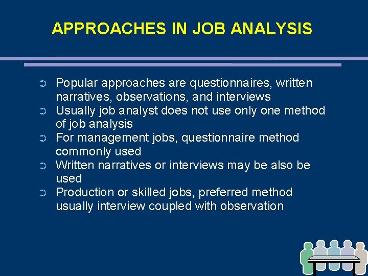 APPROACHES IN JOB ANALYSIS ➲ ➲ ➲ Popular approaches are questionnaires, written narratives, observations,