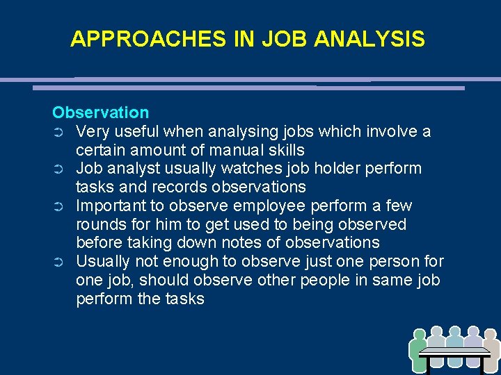 APPROACHES IN JOB ANALYSIS Observation ➲ Very useful when analysing jobs which involve a