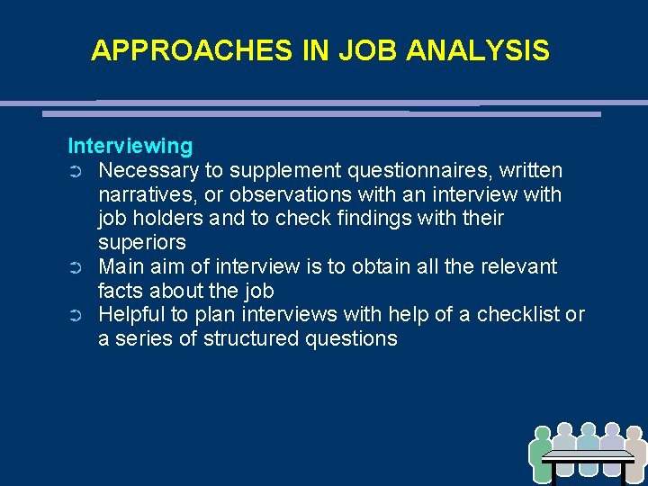 APPROACHES IN JOB ANALYSIS Interviewing ➲ Necessary to supplement questionnaires, written narratives, or observations
