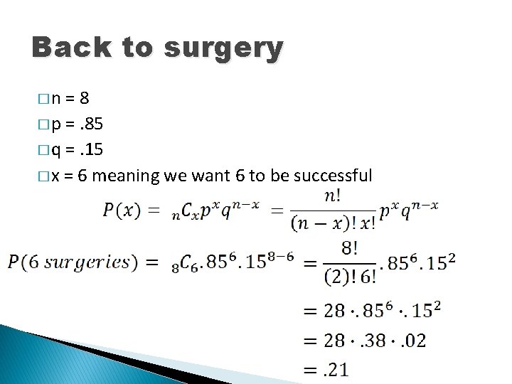 Back to surgery �n =8 � p =. 85 � q =. 15 �