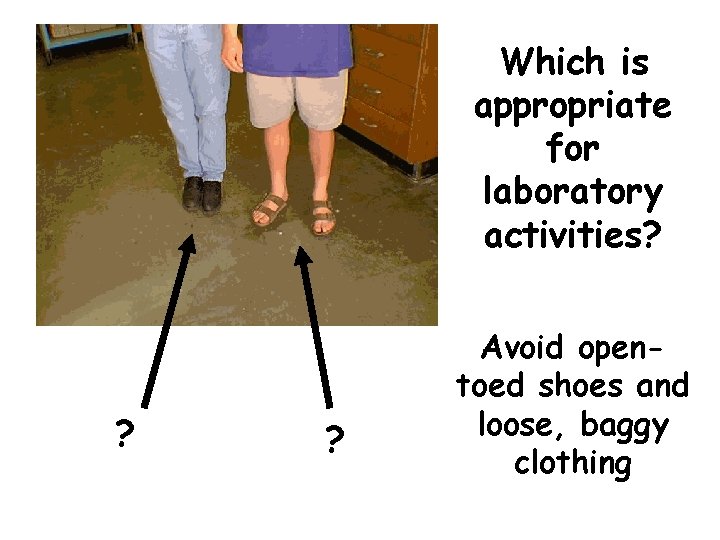 Which is appropriate for laboratory activities? ? ? Avoid opentoed shoes and loose, baggy