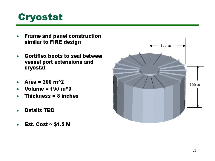 Cryostat · Frame and panel construction similar to FIRE design · Gortiflex boots to