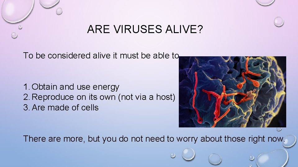 ARE VIRUSES ALIVE? To be considered alive it must be able to…. 1. Obtain