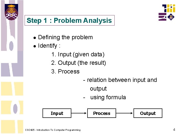Step 1 : Problem Analysis Defining the problem Identify : 1. Input (given data) Step 1 : Problem Analysis Defining the problem Identify : 1. Input (given data)