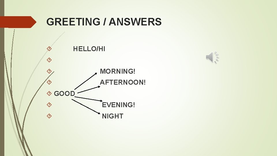 GREETING / ANSWERS HELLO/HI MORNING! AFTERNOON! GOOD EVENING! NIGHT 