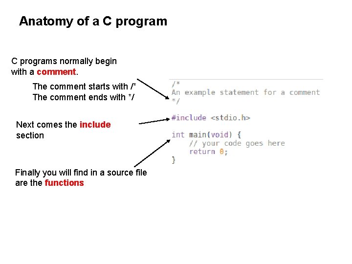 Anatomy of a C programs normally begin with a comment. The comment starts with Anatomy of a C programs normally begin with a comment. The comment starts with